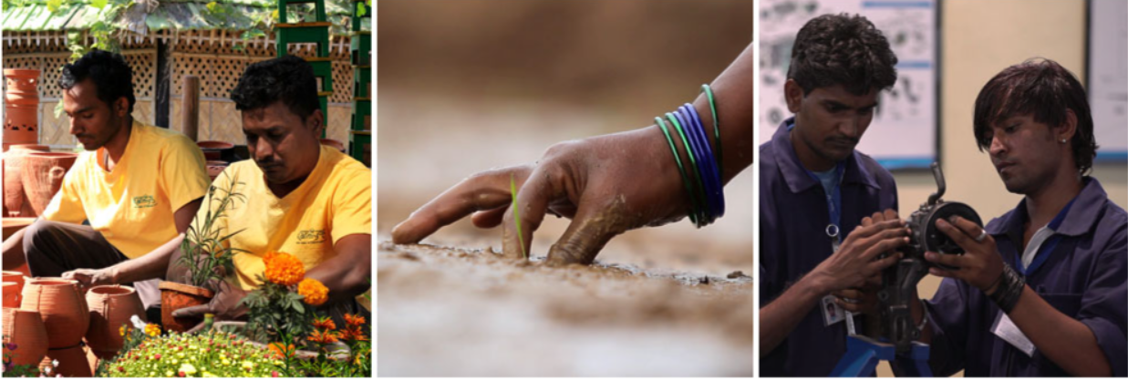 Karigars planting, potting and building by hand